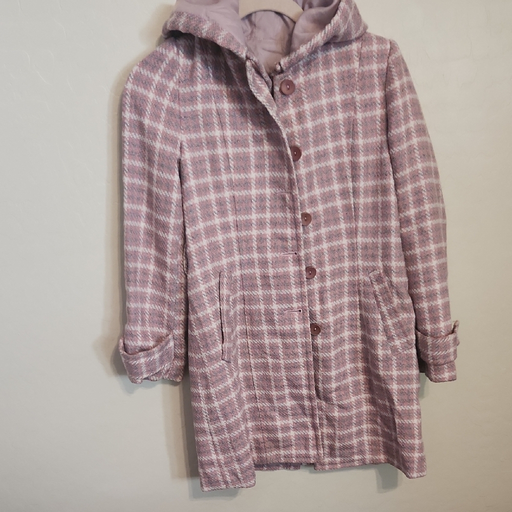 Chic Pink and White Plaid Hooded Pea coat